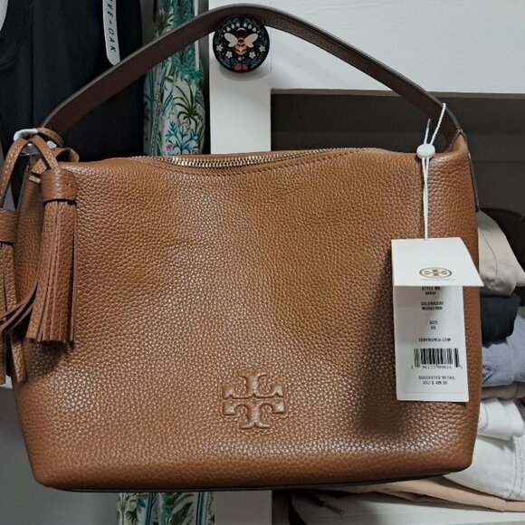 Brand New Tory Burch Small Thea Slouchy Brown Pebbled Leather Shoulder Bag $428 - Picture 2 of 3